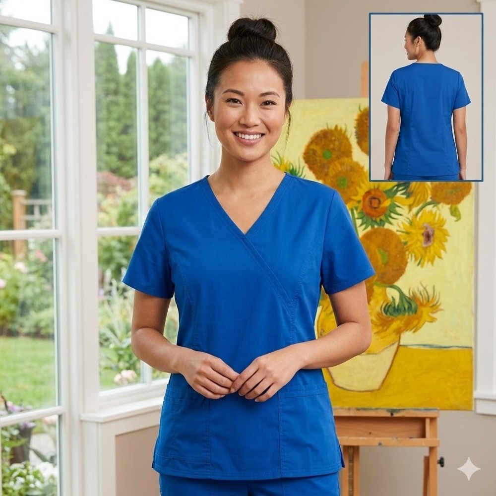 Cherokee Workwear Core Stretch Scrub Top 3XL Royal Blue‎ Mock Wrap V-Neck 4727